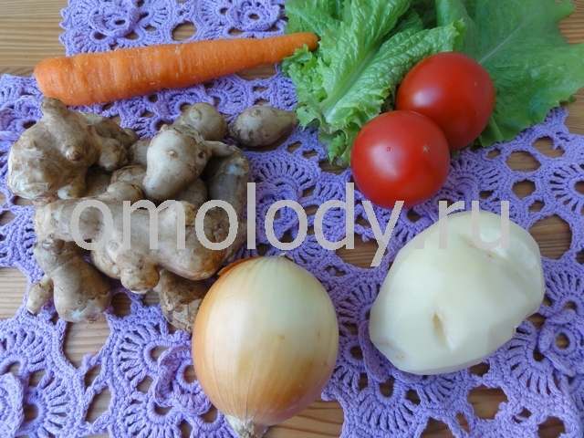 Оладьи из топинамбура с картофелем и помидорами